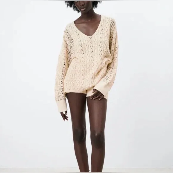 NWOT Zara Crochet Knit V-neck Sweater - Picture 2 of 8
